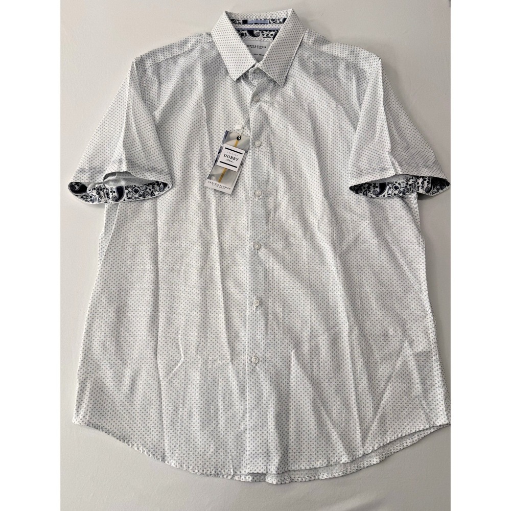 Denim & Flower Ricky Singh Mens Large NWT White Blue Print Button Up Shirt